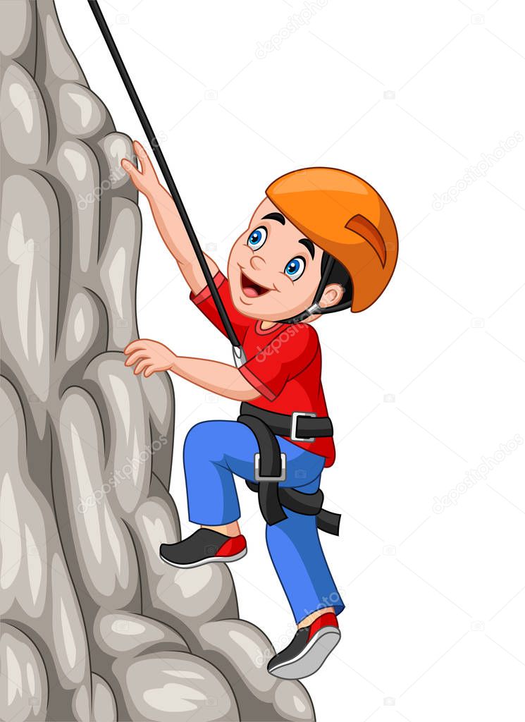 Cartoon happy boy climbing rock