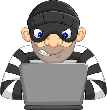 Bilgisayardan kişisel bilgilerini çalmak maskeli Hacker hırsız vektör çizim