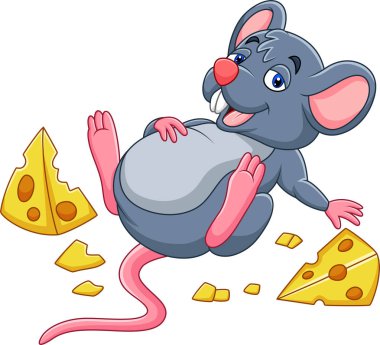 Vector illustration of Cartoon mouse with a cheese and full belly