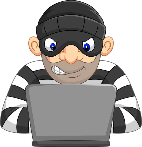 ベクトル マスクのコンピューターから個人情報を盗むハッカー泥棒のイラスト — ストックベクタ