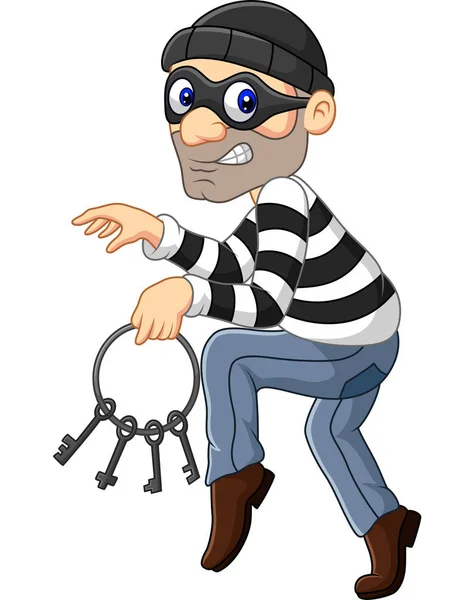 Vector Illustration Cartoon Thief Carrying Bunch Skeleton Keys — Stock Vector