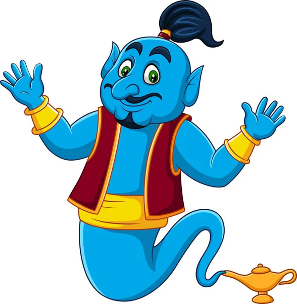 Ilustração Vetorial Cartoon Genie Saindo Lâmpada Mágica Ouro — Vetor de Stock