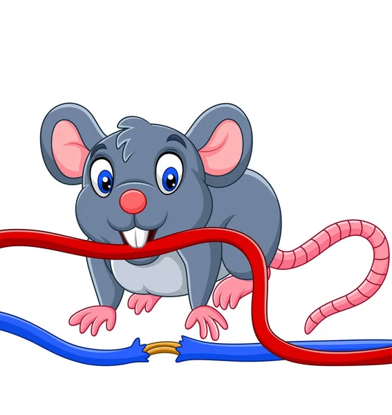 Vector Illustration Cartoon Mouse Biting Cable — Stock Vector