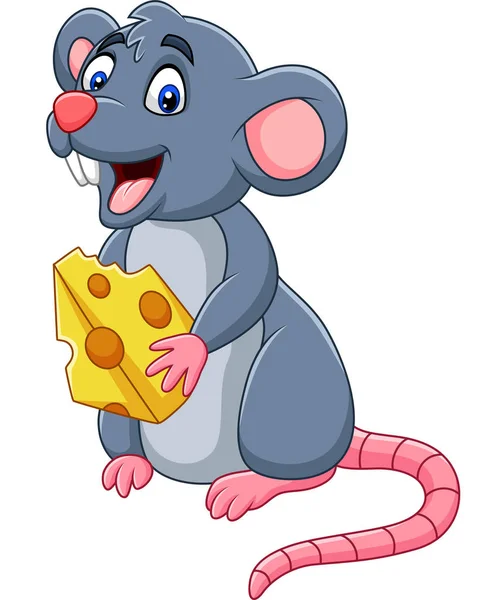 Vector Illustration Cartoon Mouse Showing Slice Cheese — Stock Vector