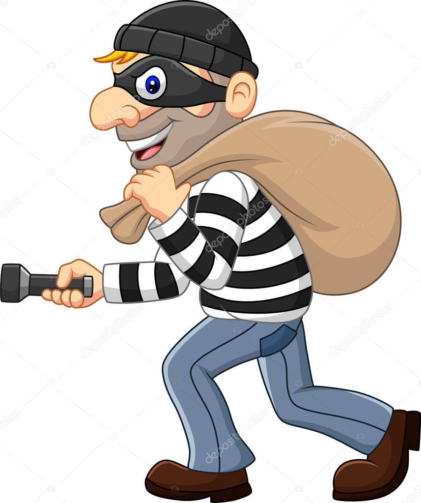 Vector illustration of Cartoon Thief walking and carrying a bag with flashlight