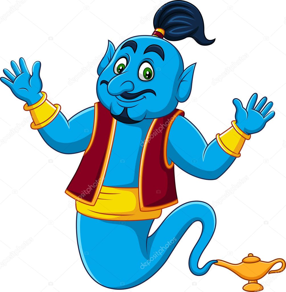 Vector illustration of Cartoon Genie coming out of gold magic lamp 
