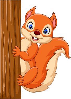 Vektör çizim karikatür sevimli sincap ağaçta tırmanma