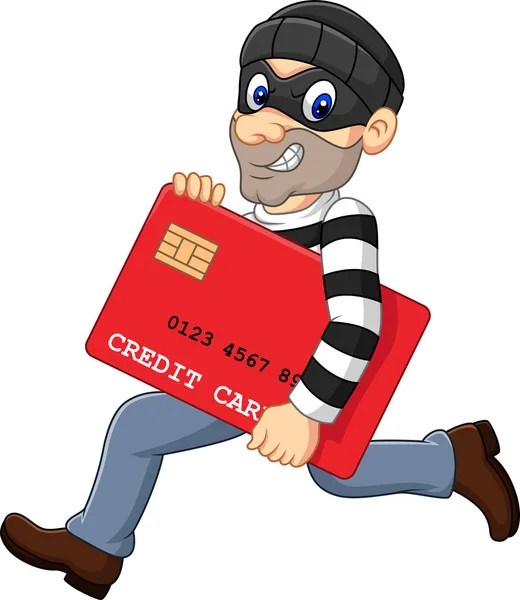 Vektorové Ilustrace Kreslené Zloděje Masce Krade Bankovní Kreditní Kartu Běží — Stockový vektor