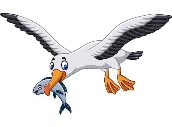 Ilustración Vectorial Albatros Dibujos Animados Comiendo Pescado — Vector de stock