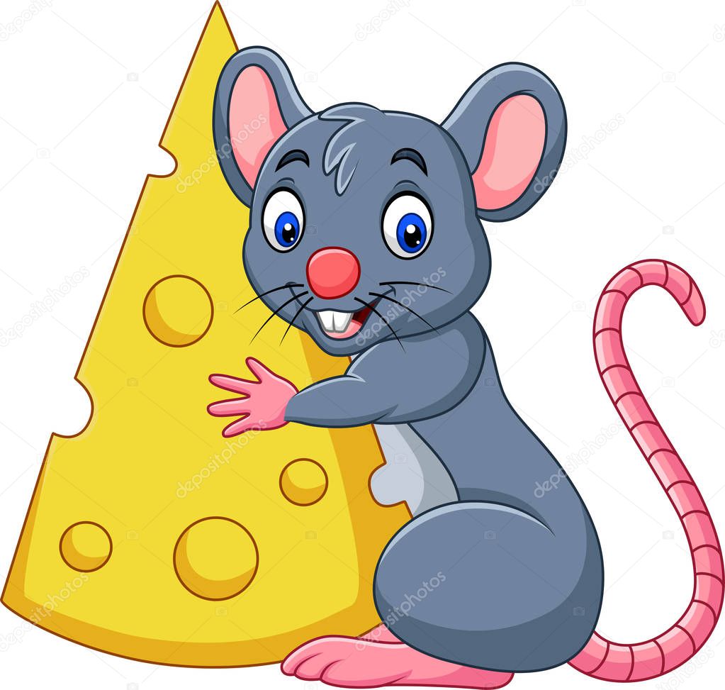 Vector illustration of Cartoon mouse holding a big slice of cheese