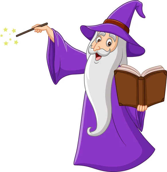 Vector Illustration Cartoon Old Wizard Holding Magic Book — Stock Vector
