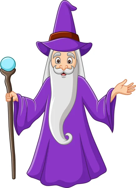 Vector Illustration Cartoon Old Wizard Holding Magic Stick — Stock Vector