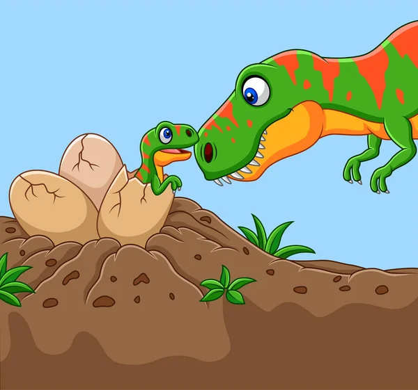 Vektorillustration Cartoon Tyrannosaurus Med Sin Baby Kläckning — Stock vektor