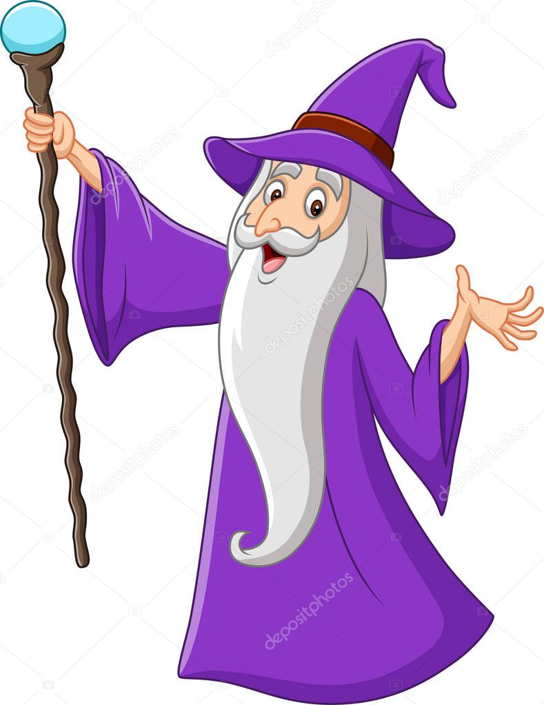Vector illustration of Cartoon old wizard holding magic stick