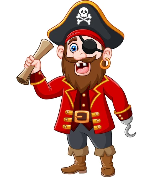 Vector Illustration Cartoon Pirate Captain Holding Treasure Map — Stock Vector