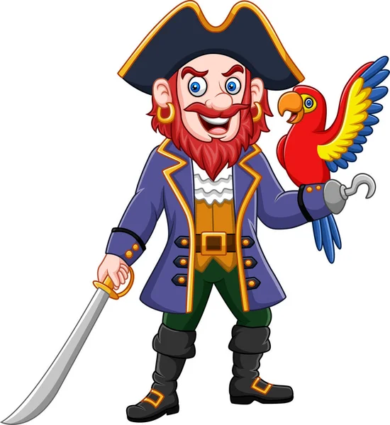 Vector Illustration Cartoon Pirate Captain Macaw Bird — Stock Vector