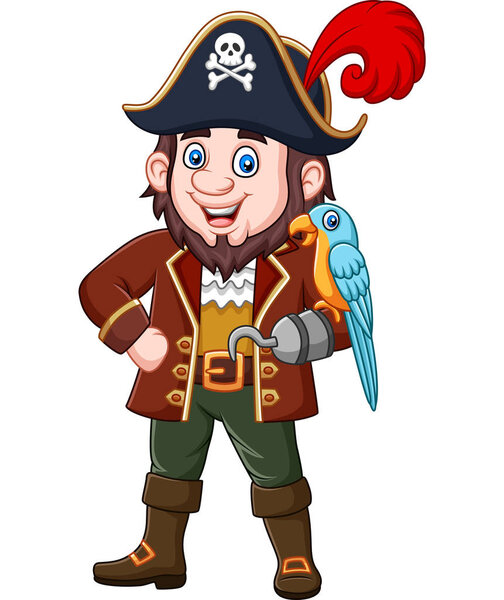 Vector illustration of Cartoon pirate captain and macaw bird