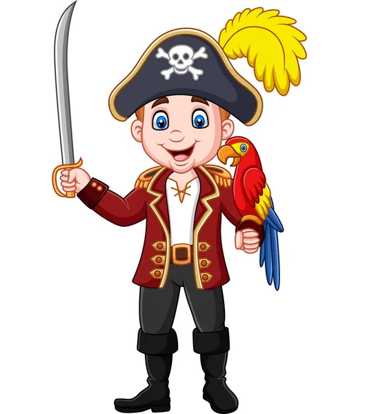 コンゴウインコ鳥と剣を持った漫画海賊キャプテンのベクトル イラスト — ストックベクタ