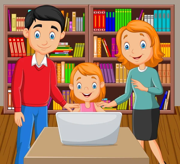 Illustration Vectorielle Famille Cartoon Happy Regardant Ordinateur Portable — Image vectorielle