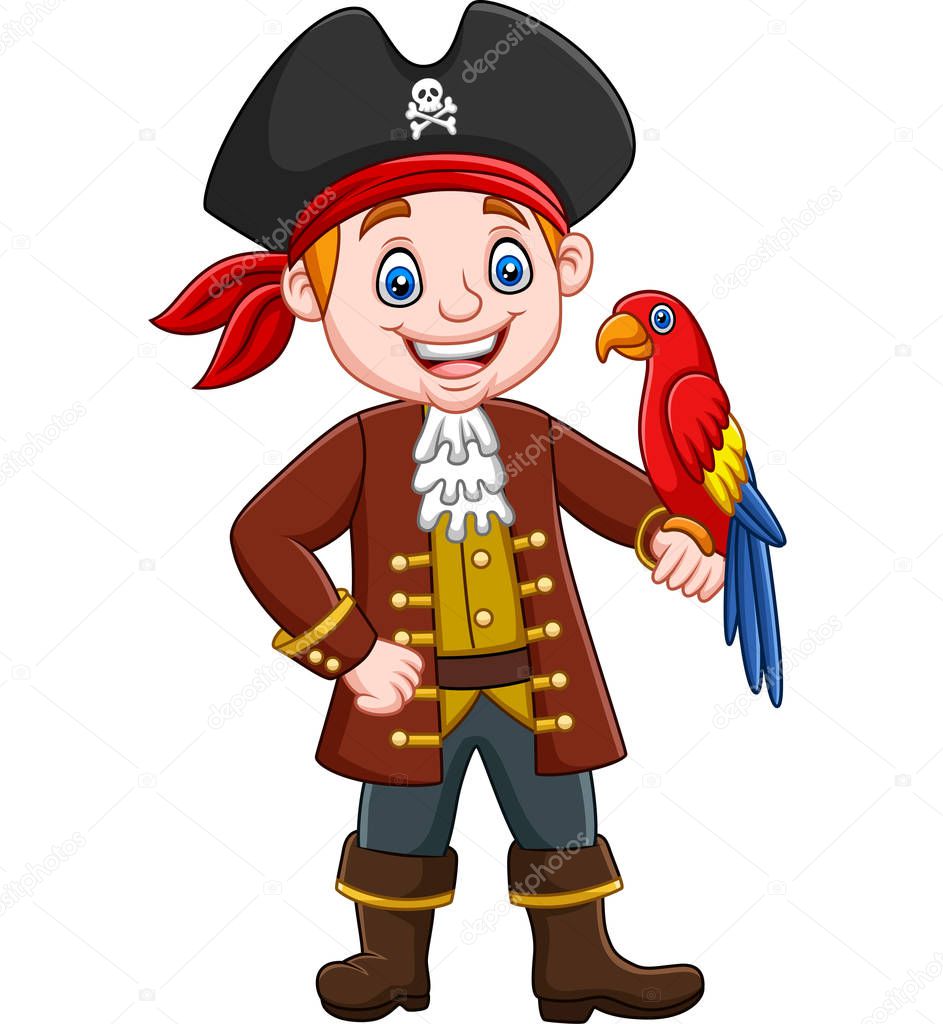 Vector illustration of Cartoon captain pirate with macaw bird