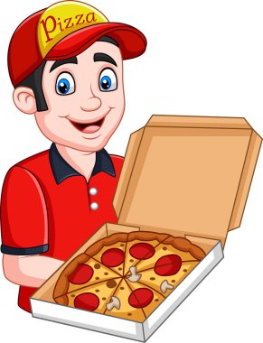 Vektör çizim ile biberli pizza Pizza teslimatçı holding açık karton kutu