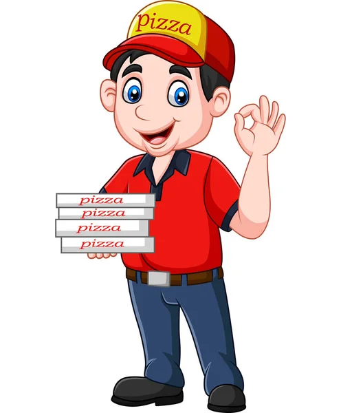 Vector Illustration Pizza Deliveryman Showing Sign — Stock Vector