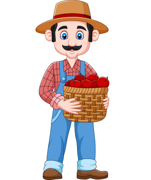 Vector illustration of Cartoon farmer holding a basket of apples