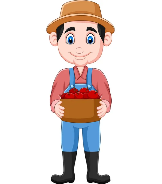 Vector Illustration Cartoon Farmer Holding Basket Apples — Stock Vector