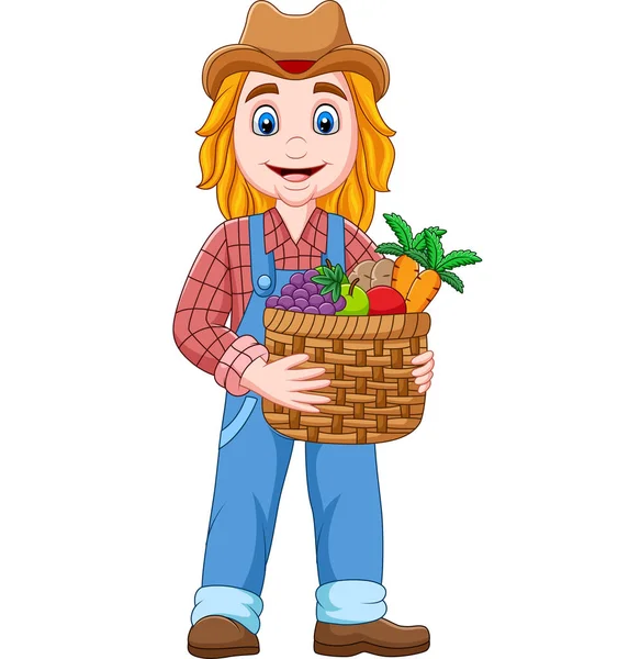 Ilustración Vectorial Niña Agricultora Dibujos Animados Sosteniendo Una Cesta Verduras — Vector de stock