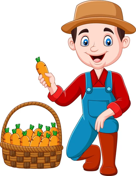 Векторная Иллюстрация Cartoon Little Farmer Harvesting Carrots — стоковый вектор