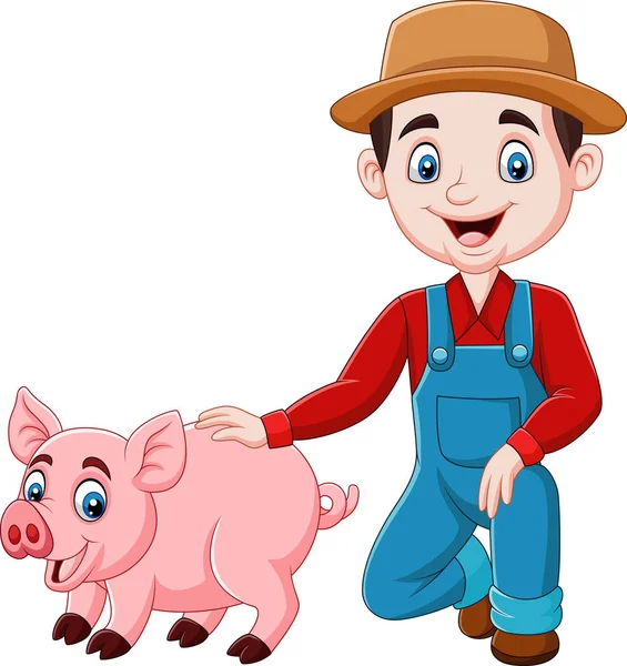 Illustration Vectorielle Cartoon Jeune Agriculteur Avec Cochon — Image vectorielle