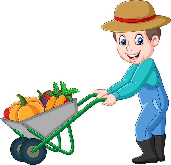 Vector Illustration Cartoon Young Farmer Pushing Wheelbarrow Full Vegetables — Stock Vector