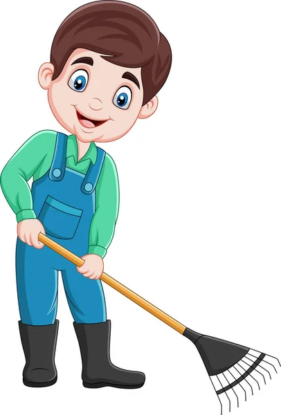 Vector Illustration Cartoon Young Farmer Working Rake — Stock Vector