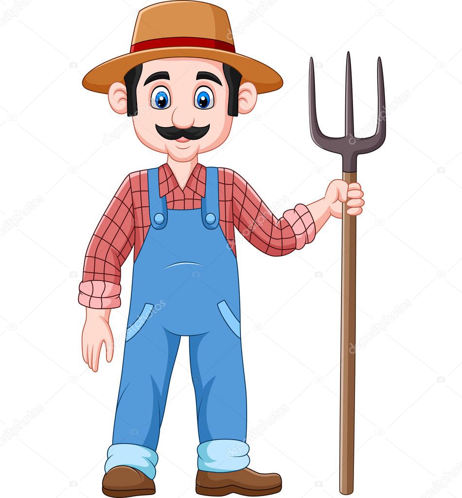 Vector illustration of Cartoon farmer holding a pitchfork