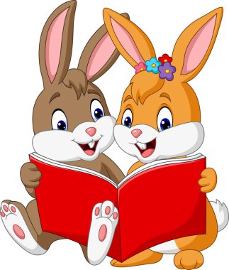 Vektör çizim karikatür çift tavşan bir kitap okuma