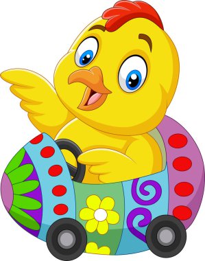 Vektör çizim karikatür bebek civciv Easter egg Araba sürme