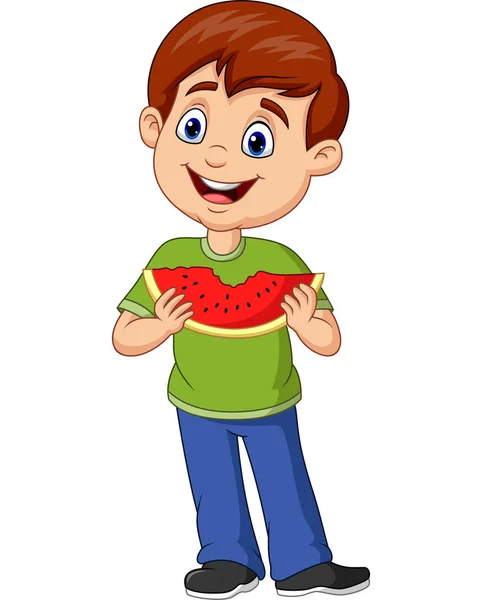 Vektor Illustration Des Cartoon Jungen Der Wassermelonenscheibe Isst — Stockvektor