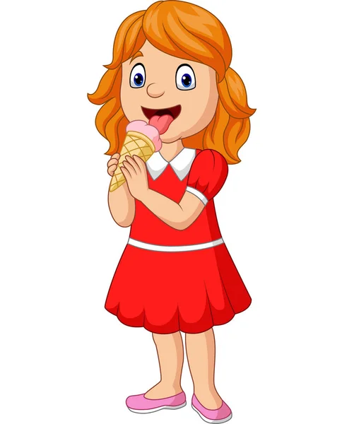 Illustration Vectorielle Cartoon Petite Fille Mangeant Une Crème Glacée — Image vectorielle