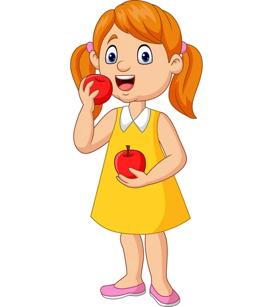 Vector Εικονογράφηση Από Μικρό Κορίτσι Τρώνε Μήλα Κινούμενα Σχέδια — Διανυσματικό Αρχείο