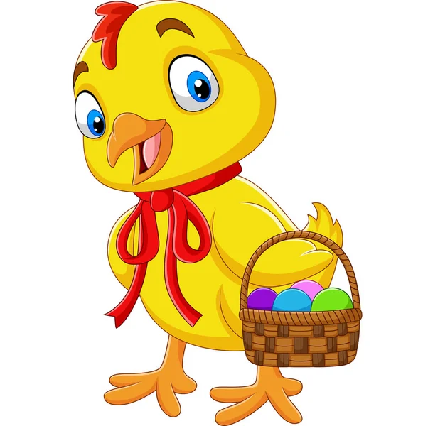 復活祭の卵のバスケットを持って漫画赤ちゃんひよこのベクトル イラスト — ストックベクタ