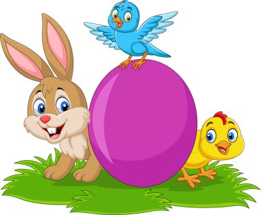 Bebek kız, mavi kuş ve çim üzerinde yumurta karikatür tavşan vektör çizim