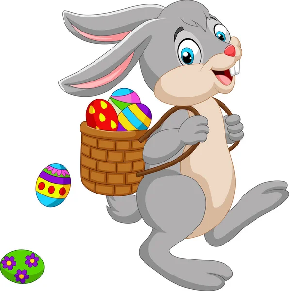 Vektorové Ilustrace Kreslené Velikonoční Zajíček Nesoucí Koš Velikonoční Vajíčko — Stockový vektor