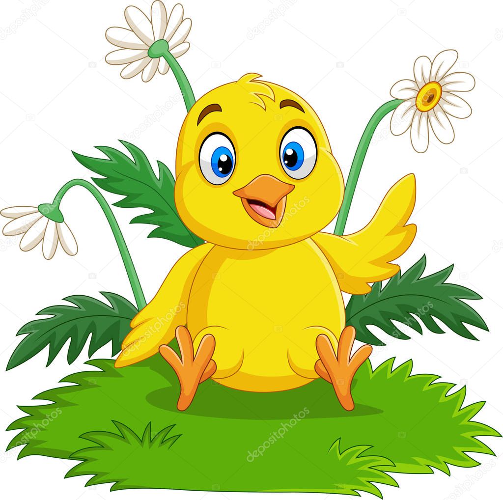 Vector illustration of Cartoon baby chick sitting on the grass