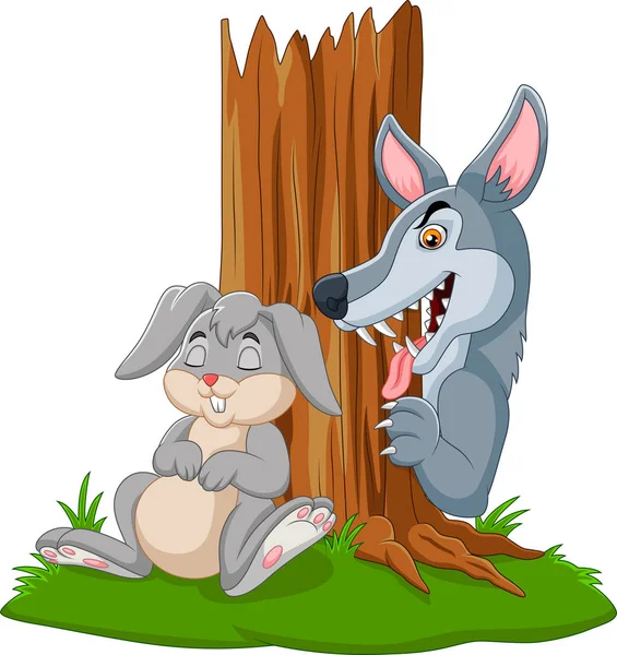 Векторна Ілюстрація Вовка Полювання Кролика Який Спить Під Деревом — стоковий вектор