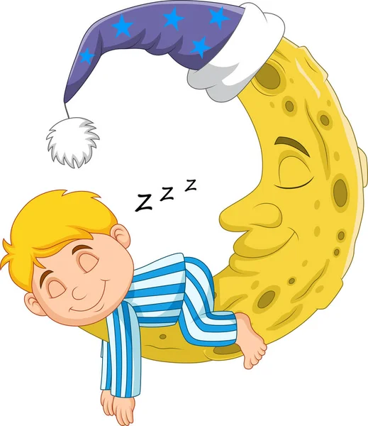 Menino Dos Desenhos Animados Dormindo Lua — Vetor de Stock