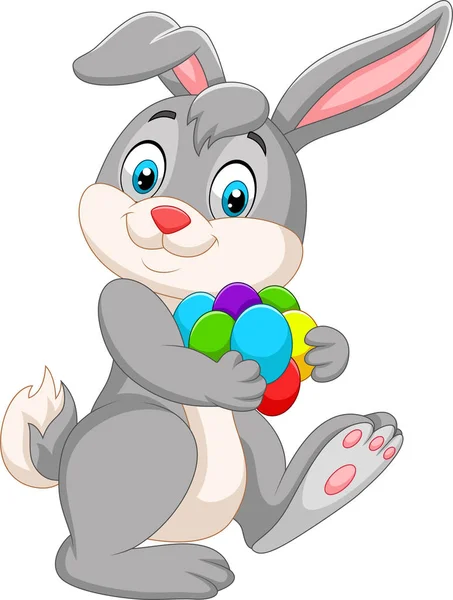 Vector Illustration Cartoon Easter Bunny Carrying Colorful Eggs — Stock Vector