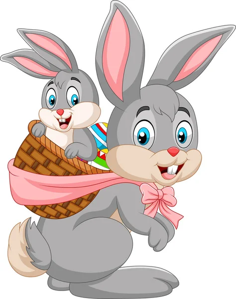 Ilustracja Wektorowa Easter Bunny Przewożących Kosz Baby Królik — Wektor stockowy