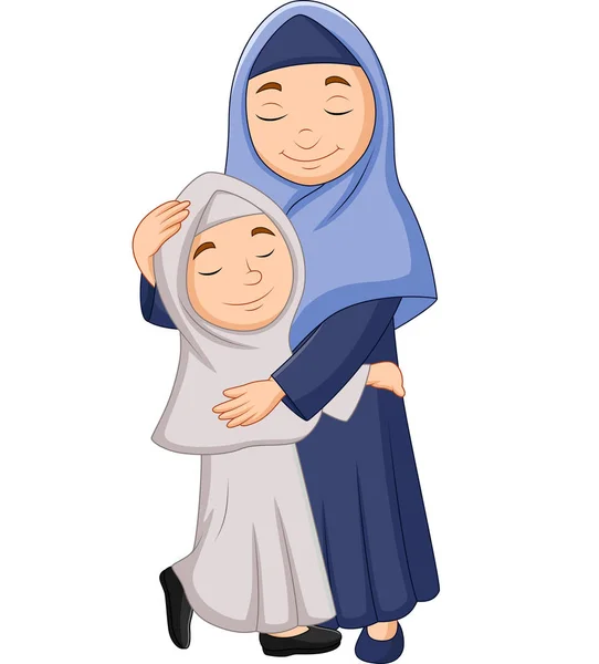 Vector Illustration Muslim Mother Daughter Hugging — Stock Vector