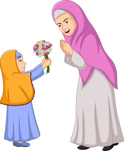 Illustration Vectorielle Petite Fille Donnant Bouquet Fleurs Mère — Image vectorielle
