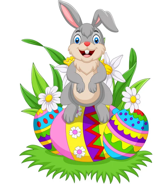 Vector Illustration Cartoon Happy Bunny Colorful Easter Eggs — Stock Vector